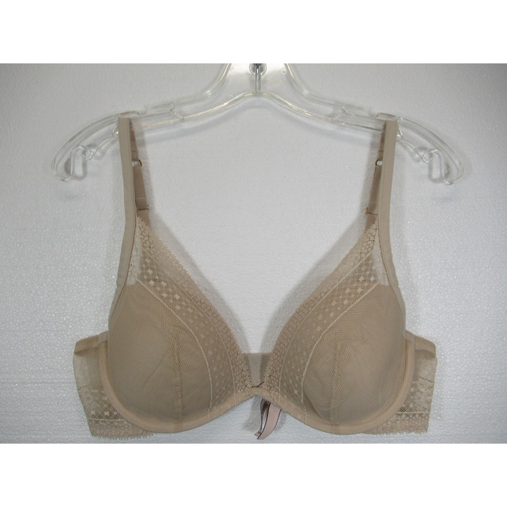 Victoria's Secret Incredible Plunge Bra 36C Beige Underwire Mesh Overlay